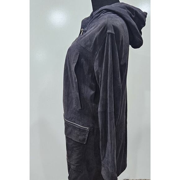 Michael Kors Black Suede Leather Lagenlook Grunge Full Zip Hooded Jacket Medium - Picture 8 of 14